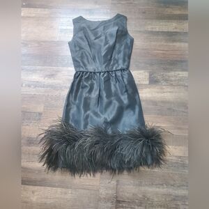 Handmade Black Satin Sleeveless Dress with Feather Hem – Size See Pics